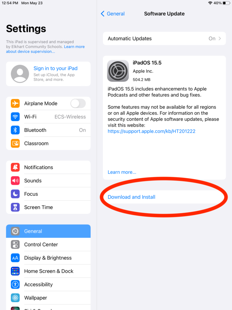 Software Update screen for iPad showing Download and Install selected