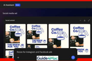Adobe Firefly AI Assistant Beta interface in a creative design tool, showing a 'Social media set' of coffee ads with a generative AI prompt to 'Resize for Instagram and Facebook ads.'
