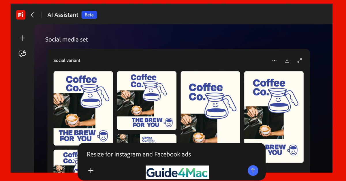 Adobe Firefly AI Assistant Beta interface in a creative design tool, showing a 'Social media set' of coffee ads with a generative AI prompt to 'Resize for Instagram and Facebook ads.'
