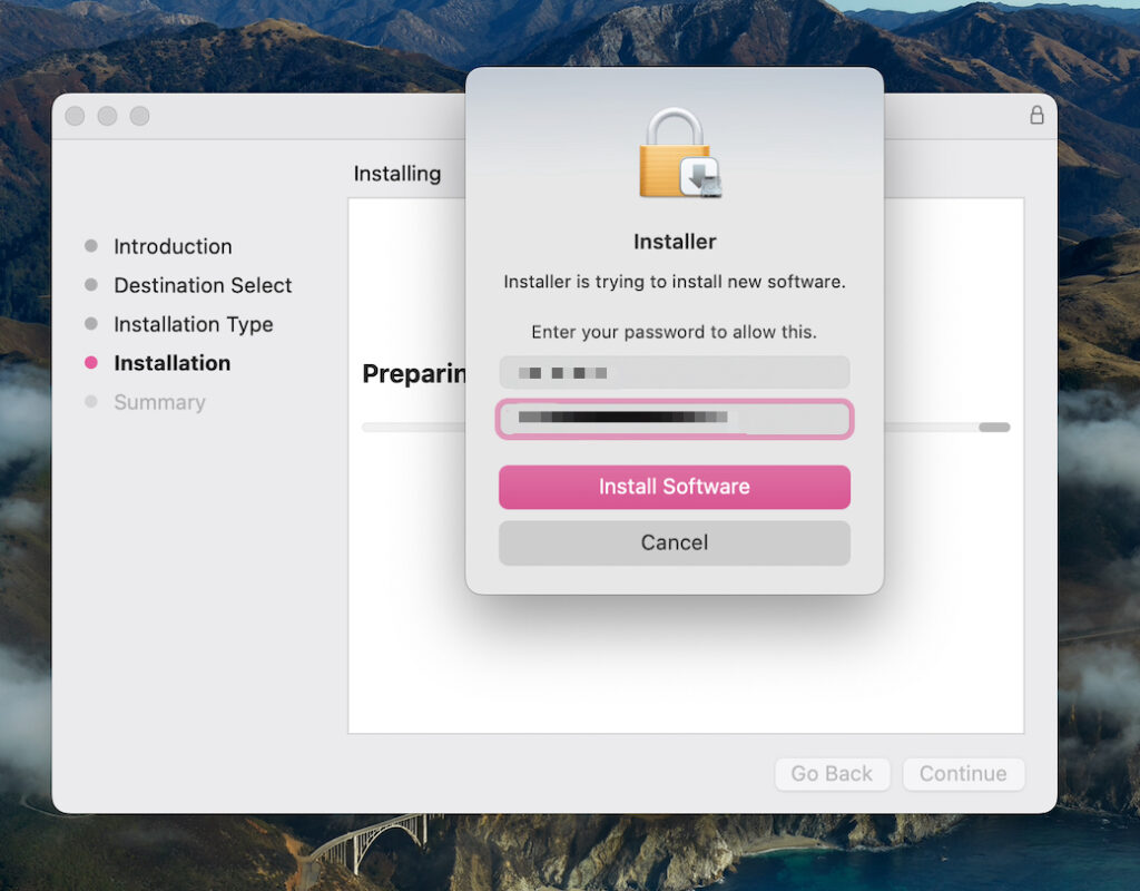 ac system prompt asking for administrator password to allow the NordVPN installer to add new software and network configurations on macOS.