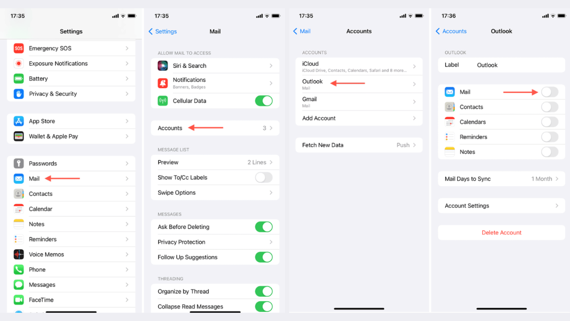Removing Outlook account from iPhone settings.