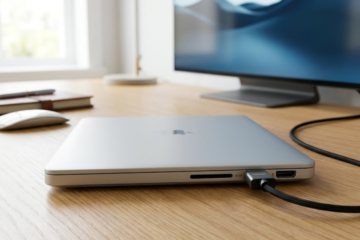 Closed silver MacBook Pro on a light wood desk connected to a larger external display via a black braided HDMI cable.