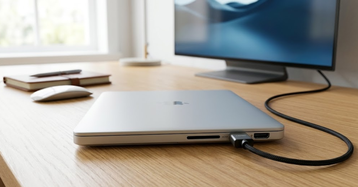 Closed silver MacBook Pro on a light wood desk connected to a larger external display via a black braided HDMI cable.