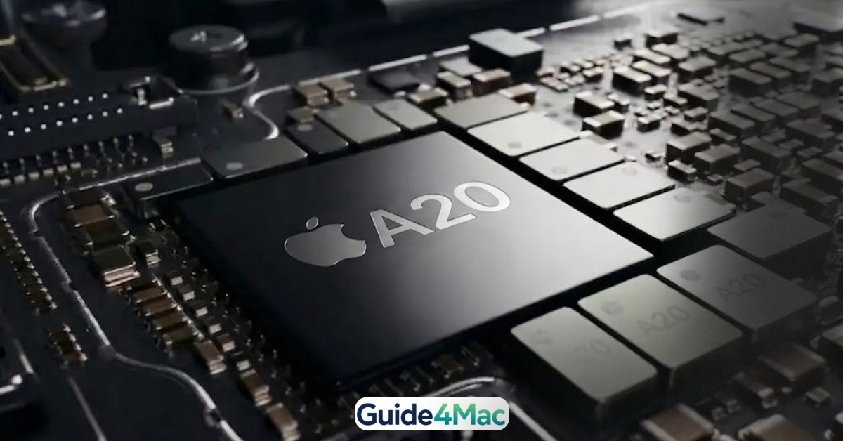 Close-up of Apple A20 chip on a circuit board, conceptual representation for iPhone 18 specifications.