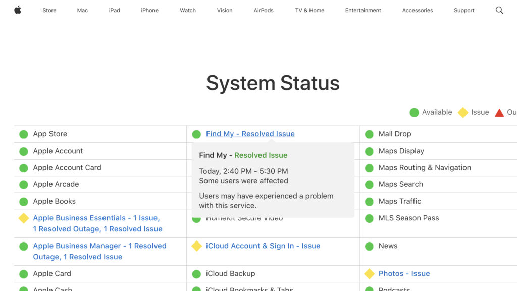 Apple System Status page showing iCloud services online with green indicators