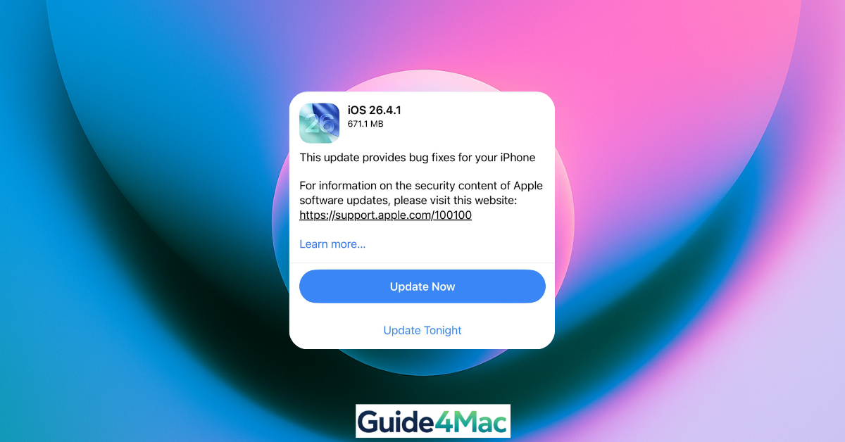 Alt-Text: Alt="iPhone screen showing iOS 26.4.1 software update available with bug reports in background