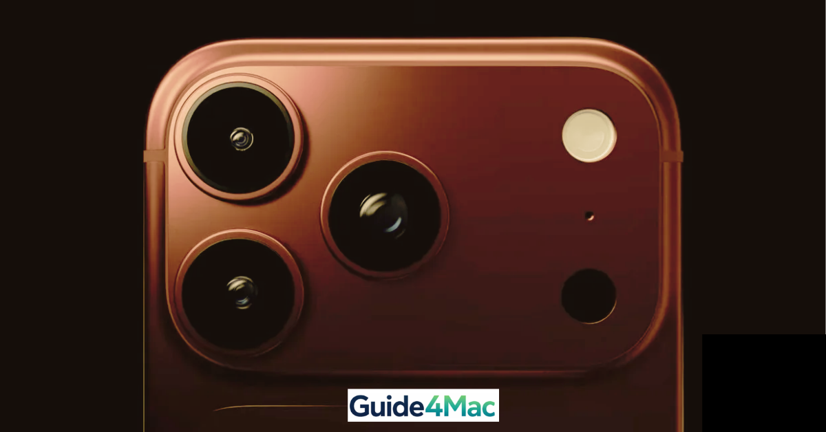 Close-up product render of the iPhone 18 Pro Max camera module in a new "Deep Bronze" titanium finish. The image showcases a redesigned quad-lens array including a larger periscope telephoto lens and an advanced LiDAR sensor, set against a dark background with the Guide4Mac logo. This visual represents the 2026 Apple flagship design leak.