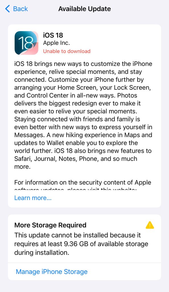 Screenshot of iOS 18 not installing on an iPhone device