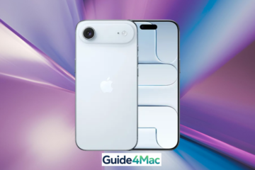 Product render of the rumored iPhone 17 Air (iPhone 17 Slim) in white, showing a single-lens camera module and a ultra-thin chassis. The device is displayed against a purple and blue motion-blur background with the Guide4Mac logo, representing 2026 mobile design trends