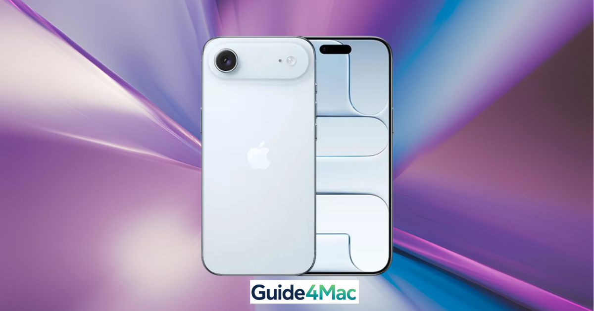 Product render of the rumored iPhone 17 Air (iPhone 17 Slim) in white, showing a single-lens camera module and a ultra-thin chassis. The device is displayed against a purple and blue motion-blur background with the Guide4Mac logo, representing 2026 mobile design trends