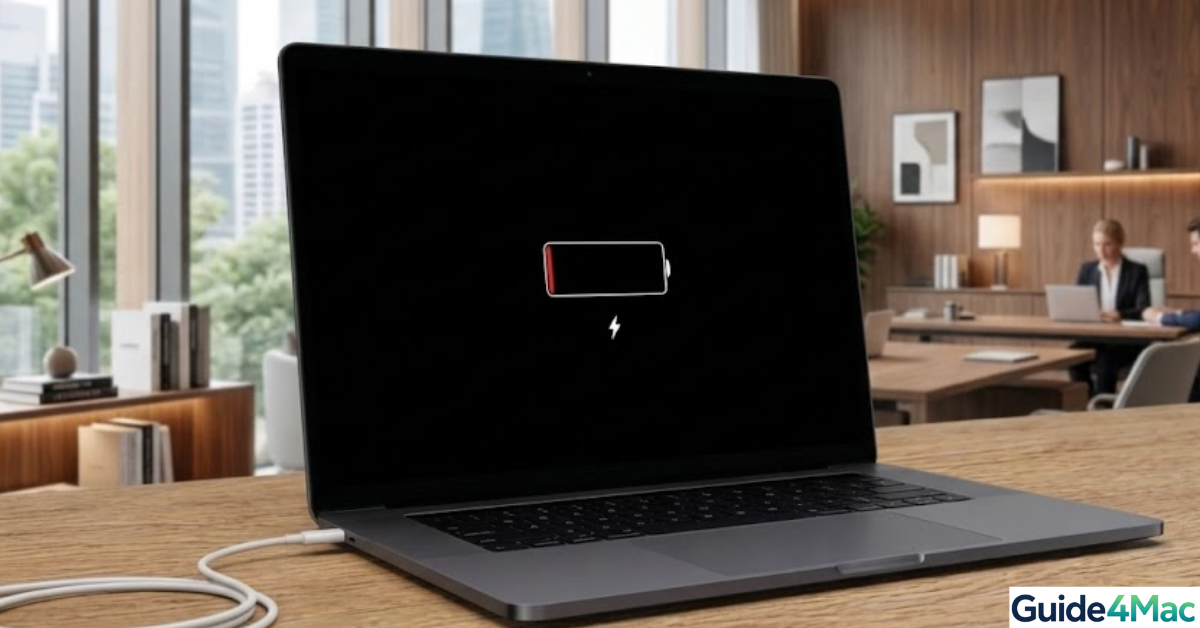 Close-up of a USB-C charging cable being plugged into a MacBook Air to troubleshoot battery issues.