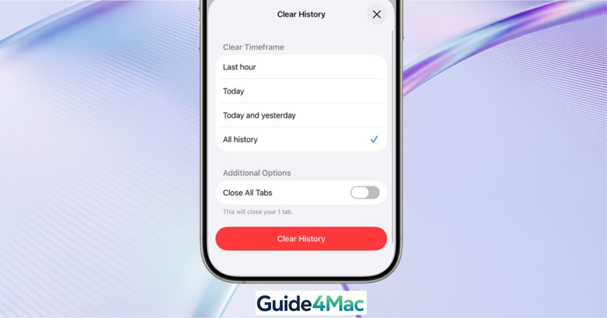iPhone screen showing Safari browser history with the clear button highlighted