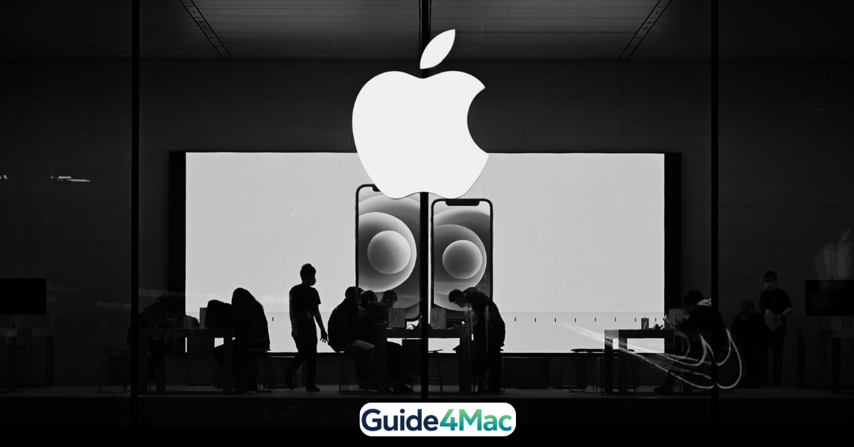 Interior of an Apple Store in China with a data overlay showing iPhone 17 reaching 30 million activations and a 2027 forecast for iPhone 18.