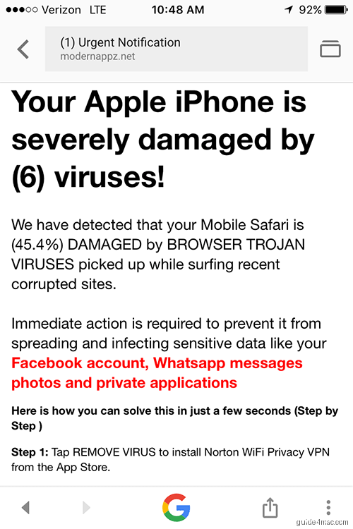 Fraudulent recommendations shown with Your Apple iPhone is infected popup