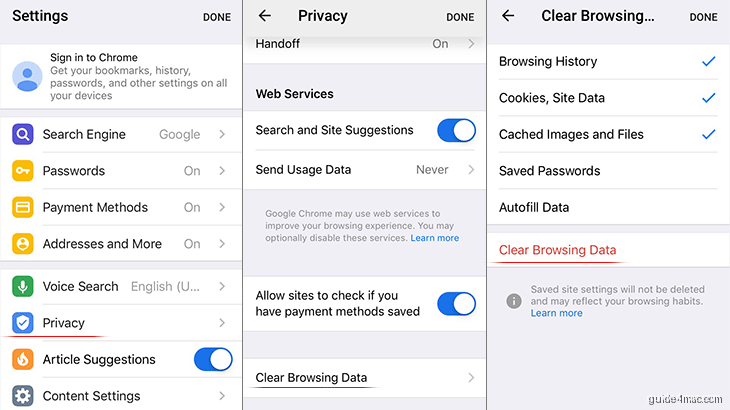 Reset Chrome on iOS by clearing browsing data and cache