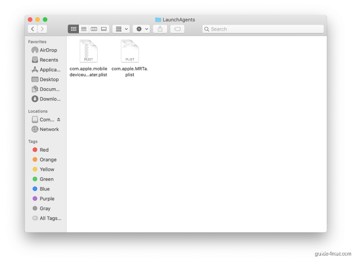 Root-level LaunchAgents folder contents showing malware files