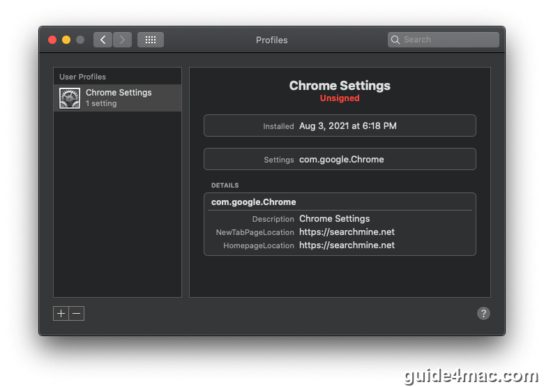 Malicious configuration profile installed to manage Chrome on Mac
