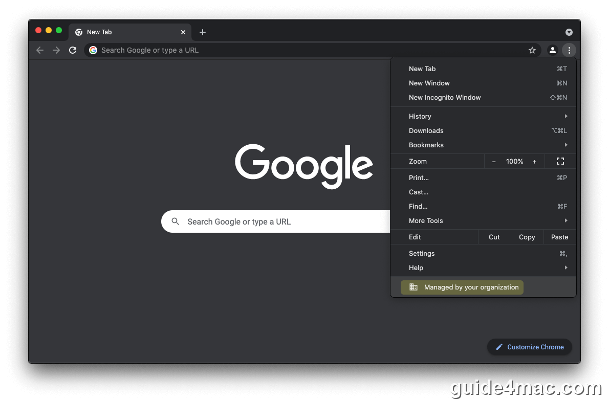 Managed by your organization message displayed in Chrome on Mac