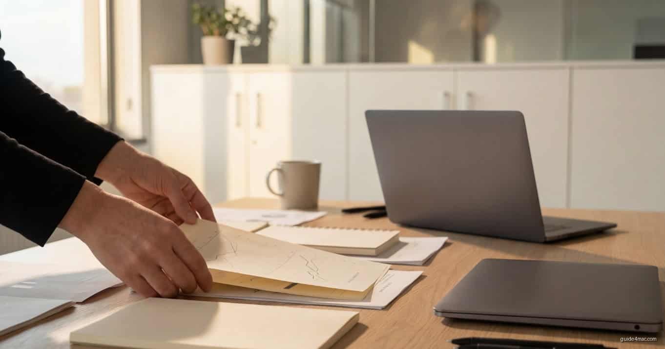 Papers and documents on desk showing MS Office 2021 Mac lifetime license