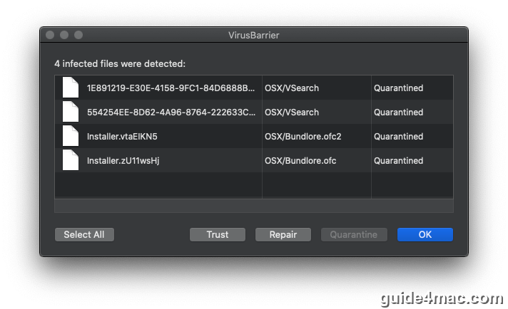 Quarantined threats detected by VirusBarrier on Mac