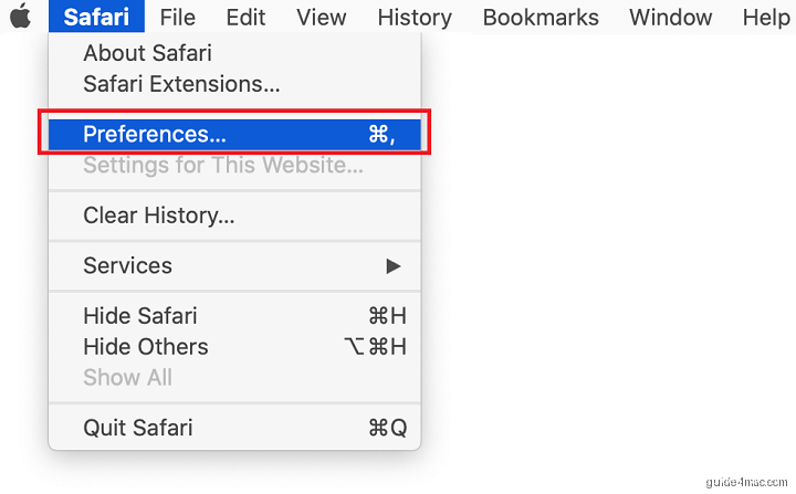Go to Safari Preferences to remove virus browser hijacker