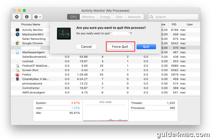 Select Force Quit option to terminate malicious Mac process
