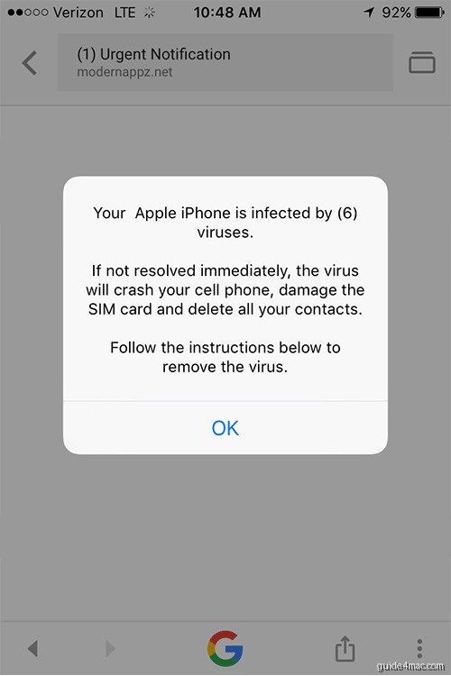 Your Apple iPhone is infected popup scam displayed on device screen